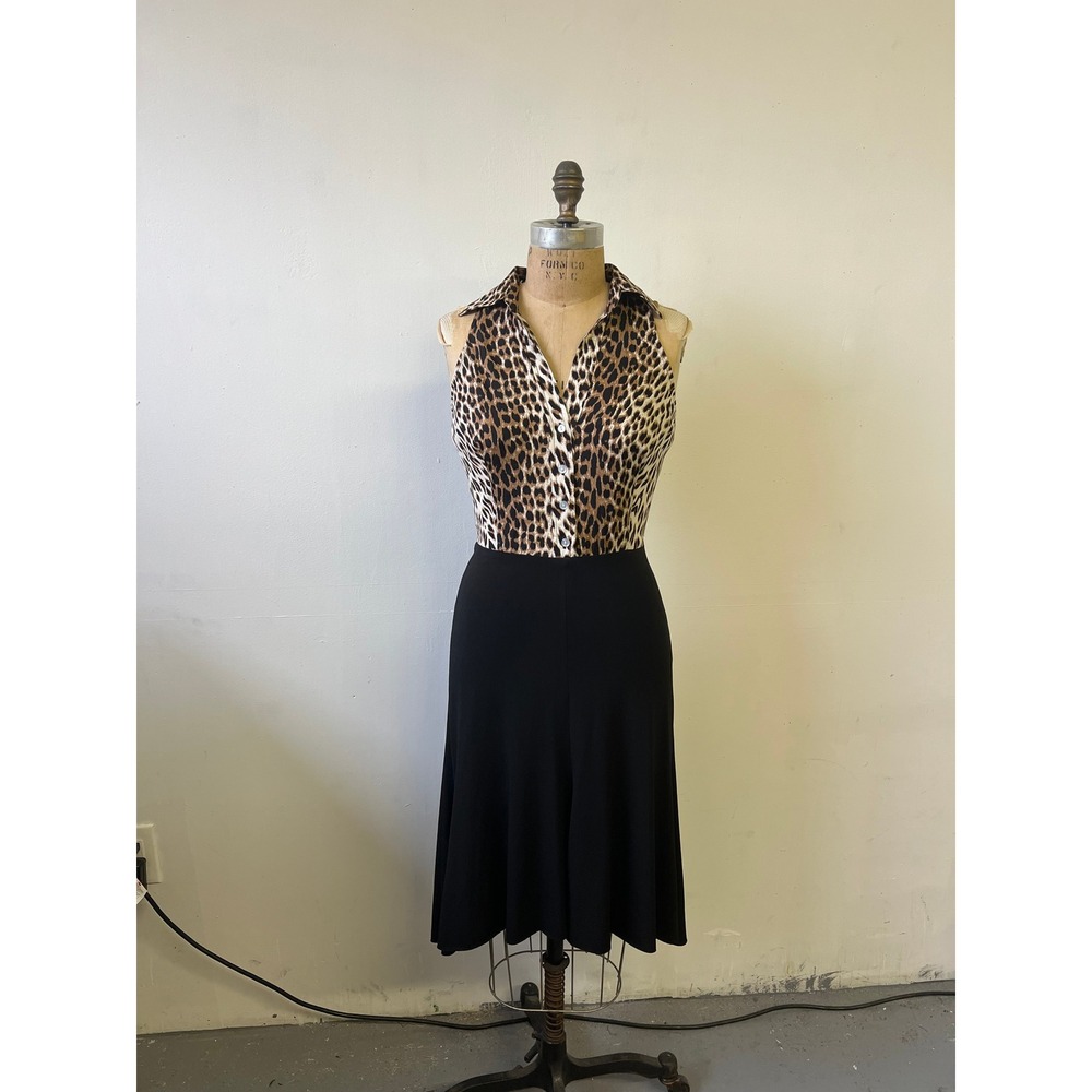 Cache Leopard Print Silk Blend Sleeveless Midi Dress Black Skirt Size 4 30024